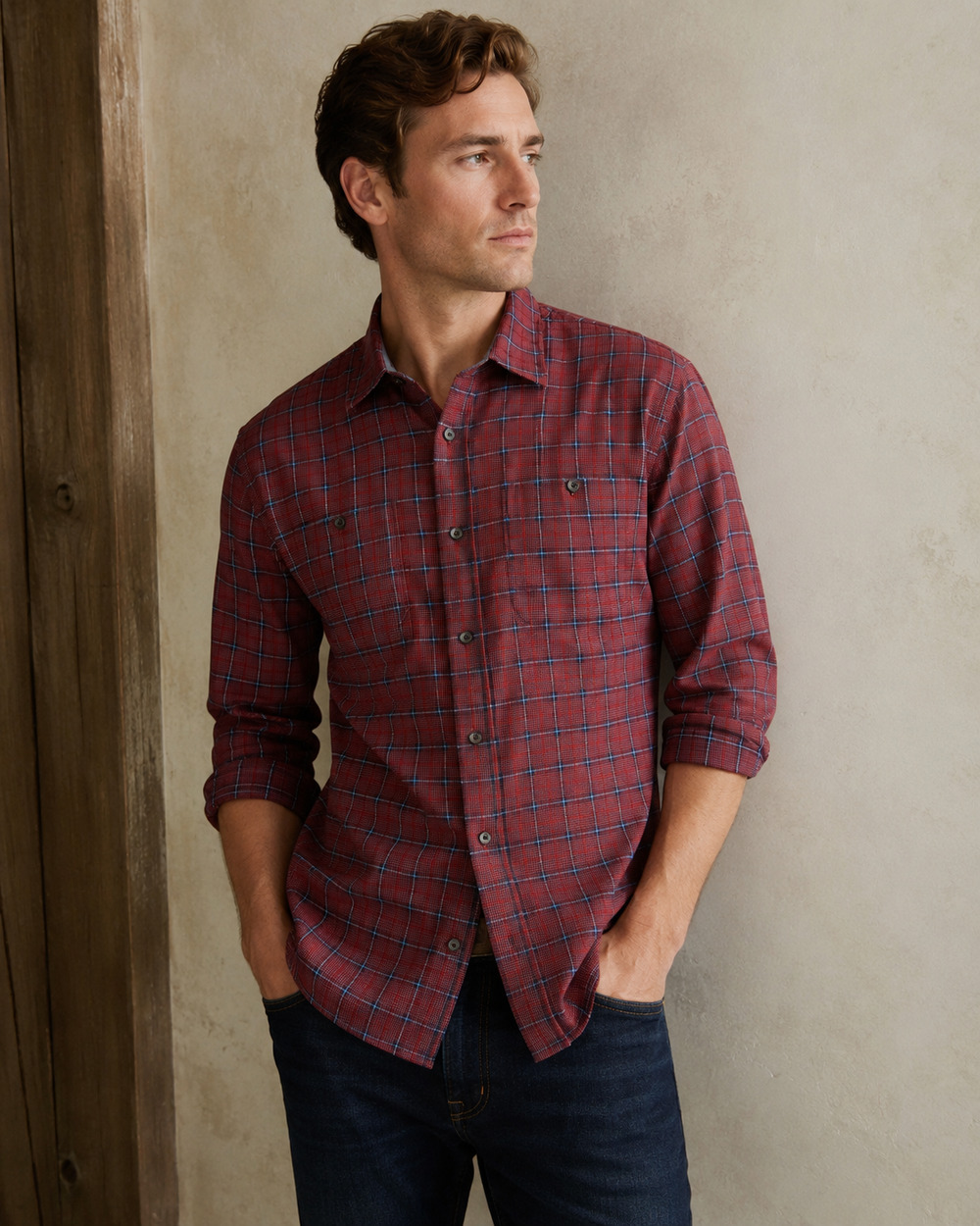 Wrangler  Flex For Comfort Men's Red Plaid Long Sleeve Button Down Shirt  2XL